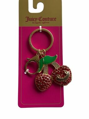 Juicy Couture Gold-Tone Red Rhinestone Cherry Keyring with Green Enamel Leaf
